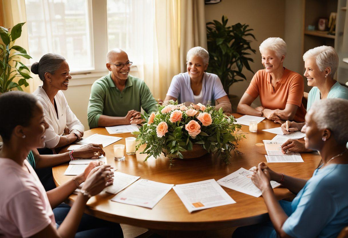 A compassionate scene depicting a diverse group of cancer survivors united in a vibrant support group setting, sharing stories and experiences around a round table filled with symbolic items like a cancer ribbon and informational pamphlets. Soft lighting casting a warm glow, highlighting their hopeful expressions and camaraderie. Background elements include a green plant symbolizing growth and renewal. super-realistic. warm colors. uplifting atmosphere.